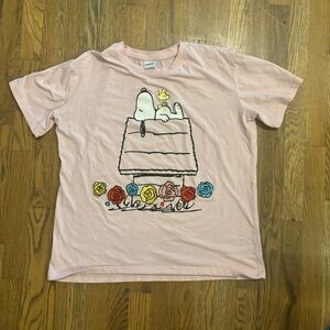 Pink Peanuts Snoopy and Woodstock Embroidered Shirt